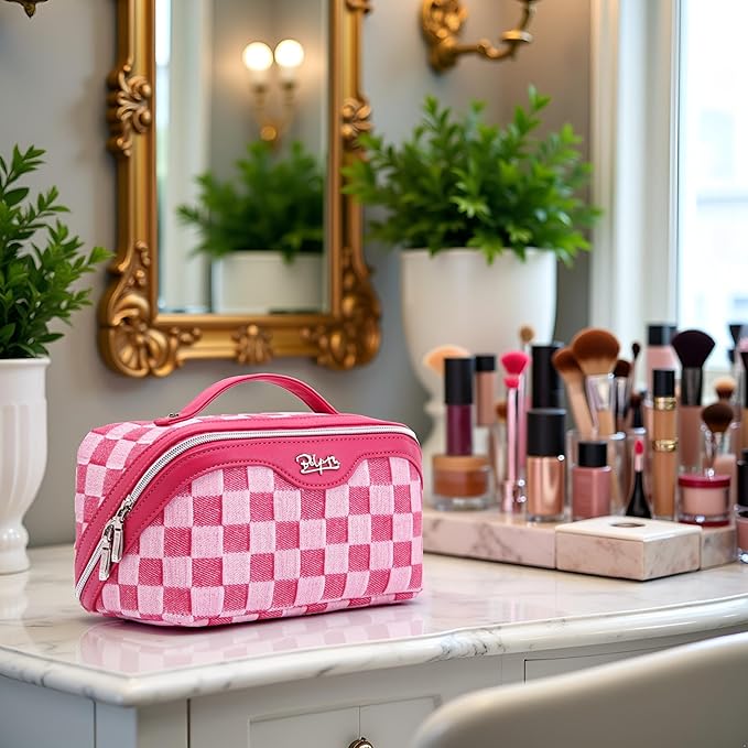 BOYATU Travel Makeup Bag for Women: Large Cosmetic Bag Set of 3 - PU Leather Make up Bag with Compartments - Compact Waterproof Toiletry Bag with Divider & Handle (C-04Red)