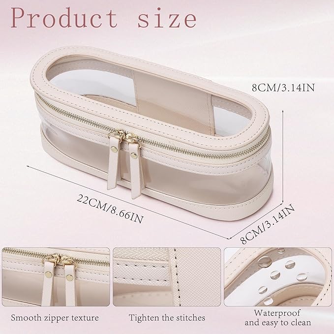 Pinkmik Makeup Brush Case Clear Travel Cosmetic & Toiletry Bag Slim Makeup Bag with Zipper Small Purse Organizer Car Essential Bag for Women (Beige, SLIM-2)