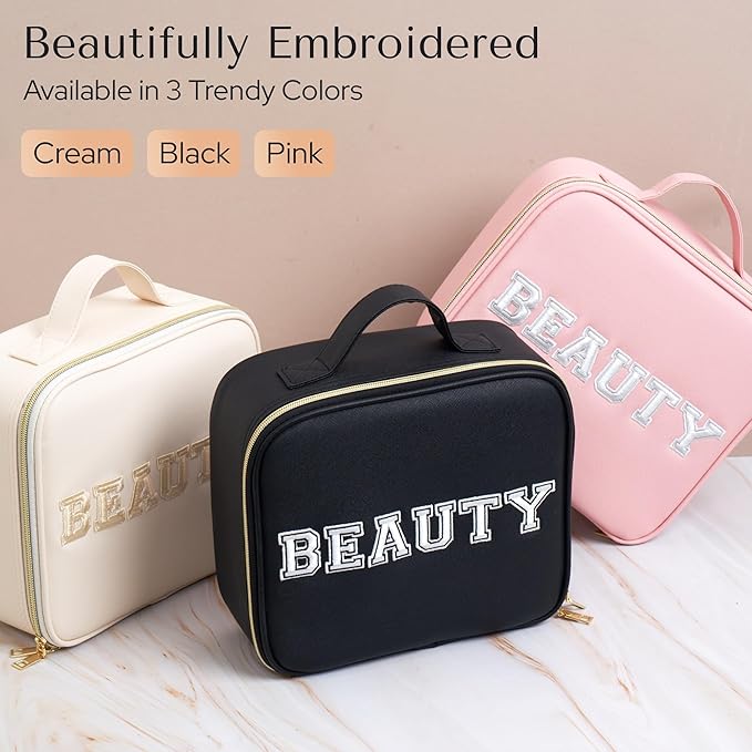 Makeup Bag with LED Mirror – Travel Cosmetic Organizer with Lighted Mirror, Adjustable Dividers & Brush Holder Storage – Portable PU Leather Makeup Case for Women & Girls - Pink