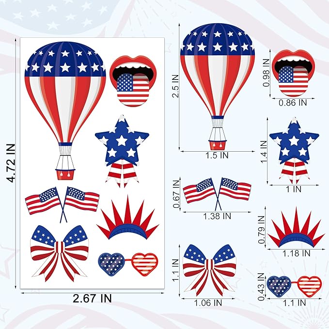 106 PCS 4th of July Tattoos, Fourth of July Tattoos for Kids, Patriotic Temporary Stickers, American Flag Red White Blue Decor for Independence Day Accessories Decoration Supplies Favors