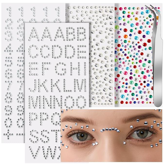 Teenitor Face Gems, 4 Sheets Self Adhesive Rhinstone Stickers, Makeup Face Rhinestones Kit, Stick On Gems for Face, Body, Hair