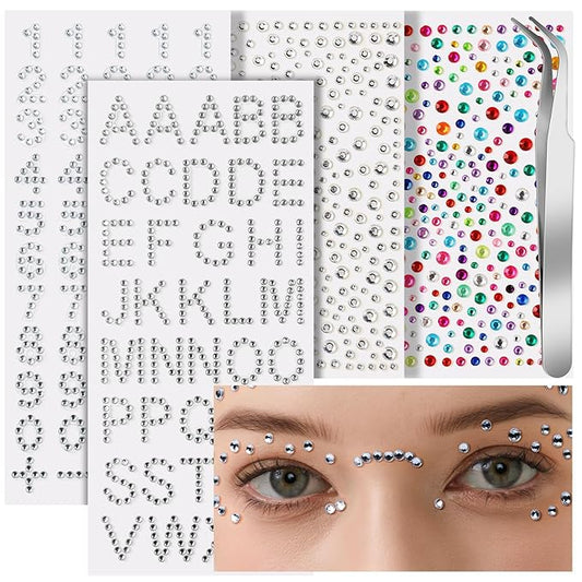 Teenitor Face Gems, 4 Sheets Self Adhesive Rhinstone Stickers, Makeup Face Rhinestones Kit, Stick On Gems for Face, Body, Hair