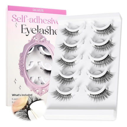 CALAILIS Self Adhesive Eyelashes 5 Pairs Natural Look Press On Lashes No Glue Need Eyelashes Reusable Cat Eye Wispy Self-adhesive False Lashes with Replacement Adhesive Strips (CP15)