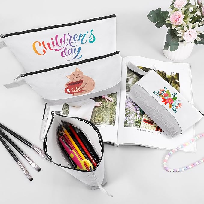 10 Pieces Cotton Canvas Makeup Bag with Bottom and Strap, Multi-Purpose Cosmetic Bag with Zipper Travel Toiletry Pouch, Blank DIY Craft Bag (White&Grey, XS)