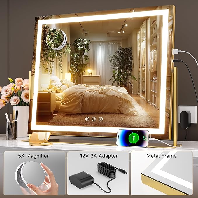 Hasipu Vanity Mirror with Lights, 25.6" x 21.3" LED Makeup Mirror, Light up Mirror with 10X Magnification, USB Charging Port, Smart Touch 3 Colors Dimmable, 360° Rotation (Gold)