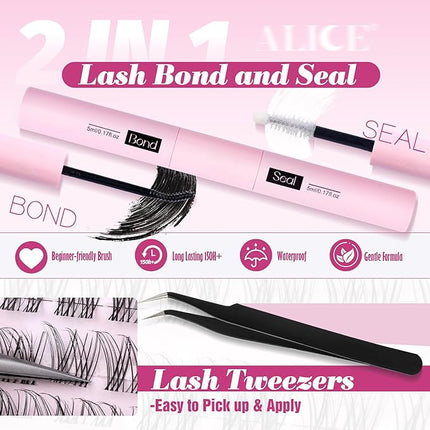 ALICE Lash Clusters Kit Clear Band Natural Lash Extensions Kit 5-16mm Wispy Cluster Eyelash Extension DIY Invisible Band Individual Cluster Lashes with Bottom Lash Bond and Seal Waterproof