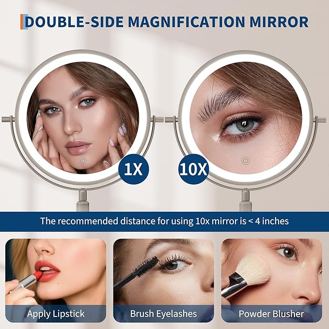 Garvee Lighted Makeup Mirror, Rechargeable Height Adjustable Double Sided Vanity Mirror, 1x/10x True HD Magnifying, Brightness Adjustable, Three Colors, 360° Rotation Vanity, Gift for Women, Nickel