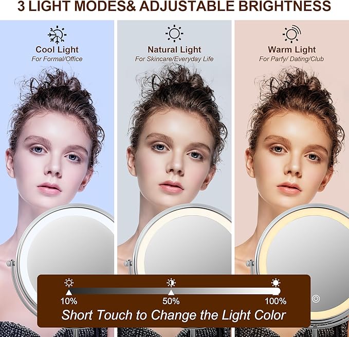 JANEEVA 10X Lighted Makeup Mirror with 3 Lighting Modes, 8" Dimmable Lights Height Adjustable Vanity Mirror with Lights, Rechargeable Double Sided 1X 10X Magnifying Mirror, 360°Rotation,Chrome