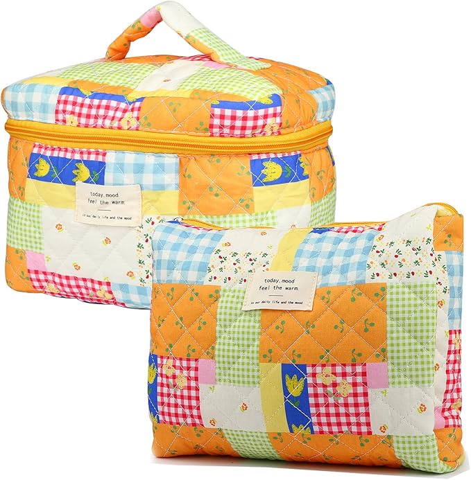 VIWIME Makeup Cosmetic Bag, Large Cotton Quilted Travel Coquette Aesthetic Cute Floral Make up Bag for Women Toiletry Bag Organizer(Puzzle/2Pcs)