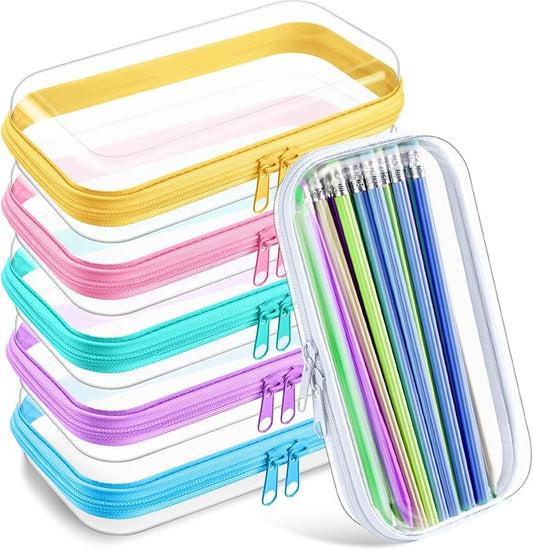 Sanwuta 6 Pcs Clear Hard Zipper Case Pencil Pouches Hard Plastic Zipper Pouches Makeup Bag Transparent Cases for Snacks Plastic Storage Organizer Box for Travel(Colorful,7.48 x 3.94 x 2 Inch)