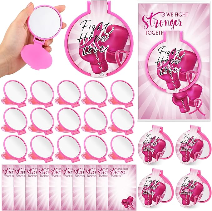 60 Sets Breast Cancer Awareness Gifts for Women Inspirational Folding Pocket Round Compact Mirrors with Motivational Cards Pink Ribbon Boxing Gloves Breast Cancer Survivor Gifts