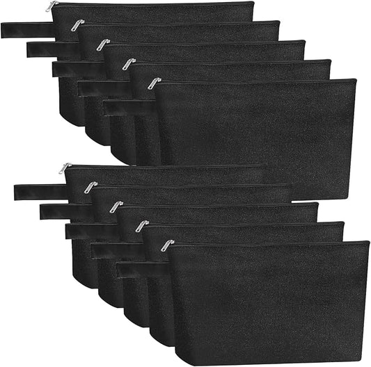 10 Pieces Cotton Canvas Makeup Bag with Bottom, Multi-Purpose Cosmetic Bag with Zipper Travel Toiletry Pouch, Blank DIY Craft Bag Pencil Bag (M, Black), MN-WB07