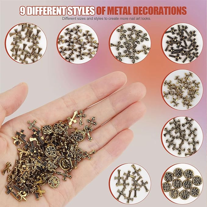 Artdone Nail Art Studs Kit, 3D Gold Cross Nail Charms and Star Gems Bulk Nail Jewels Shiny Crosses for DIY Professional Manicures Decoration