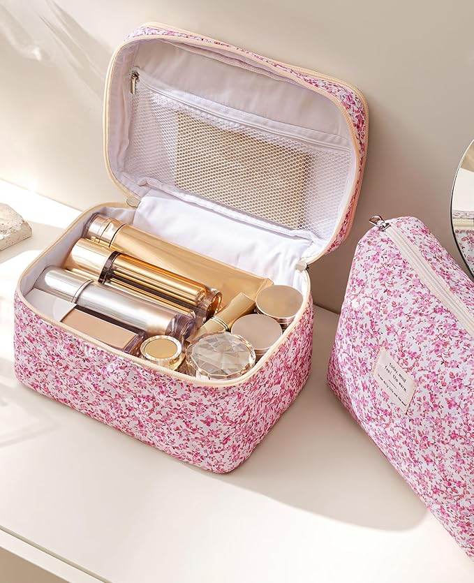 HBselect 2Pcs Travel Makeup Bag, Large Cotton Quilted Makeup Bag Cosmetic Bag Cute Make up Bag Toiletry Bags for Women Girls