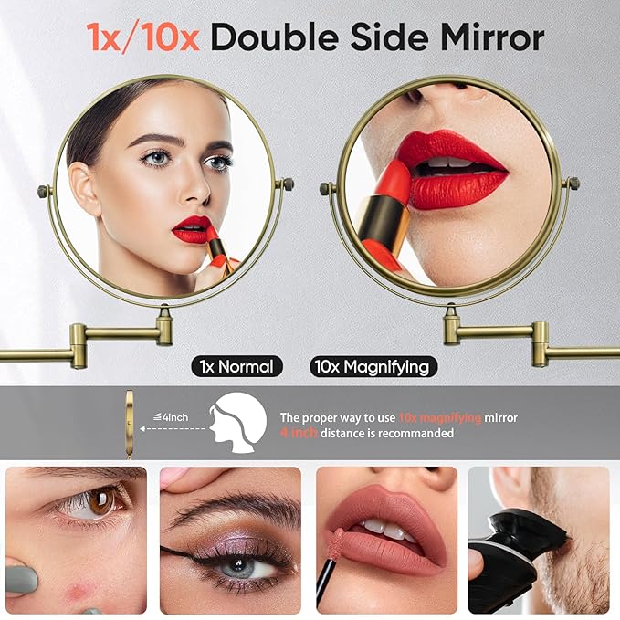 GURUN 8" Wall Mounted Makeup Mirror with 10X Magnification,Two-Sided Swivel Bathroom Mirror,Antique Satin Brass Finish M1306K(8in,10x)