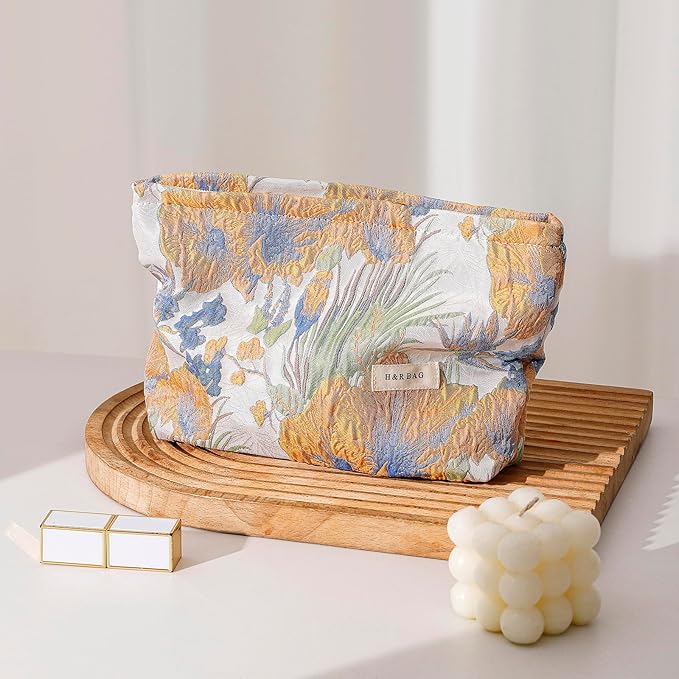 2 Pcs Makeup Bags, Large Cosmetic Bag Travel Toiletry Bag Organizer for Women, Embroidery Craft, Floral Makeup Bag Small Cosmetic Pouch Purse with Zipper Gifts for Girls Teen