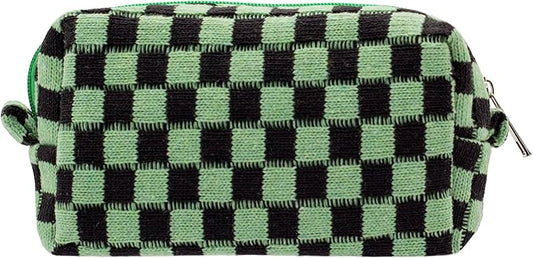 PAZIMIIK Checkered Makeup Bag for Purse Portable Zipper Make Up Pouch Small Cosmetic Case for Travel Accessories (Green Black)