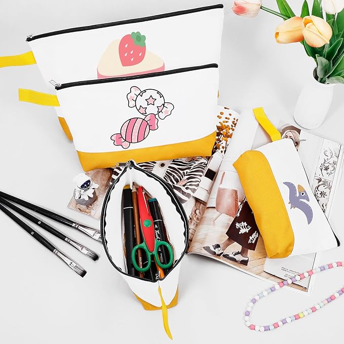 10 Pieces Cotton Canvas Makeup Bag with Bottom and Strap, Multi-Purpose Cosmetic Bag with Zipper Travel Toiletry Pouch, Blank DIY Craft Bag (White&Yellow, L)