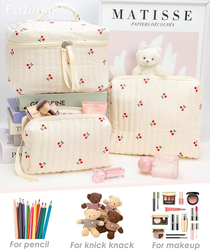 PAZIMIIK 3PCS Makeup Bag SET Large Travel Quilted Zipper Soft Cosmetic Case Pouch for Women Girls Make Up,Cherry Beige