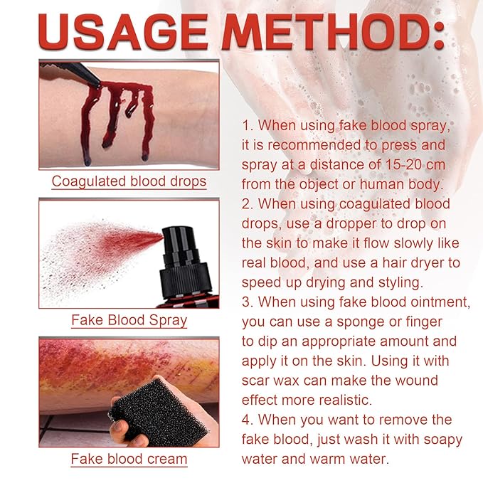 Halloween Fake Blood Kit,Fake Blood Spray+ Dripping Blood 1.76oz + Coagulated Gel Blood 1.06oz - Realistic Washable Fake Blood Makeup for Halloween Makeup Zombies Vampire Monster Cosplay & Dress Up