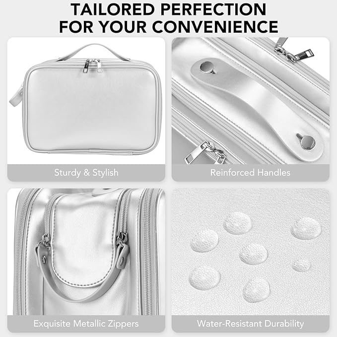 Travel Makeup Bag Women's Large Capacity Cosmetic Portable Organizer Large Opening Waterproof Storage Toiletry Bags Vertical Free-Standing Brush Holder for Easy Access Silver