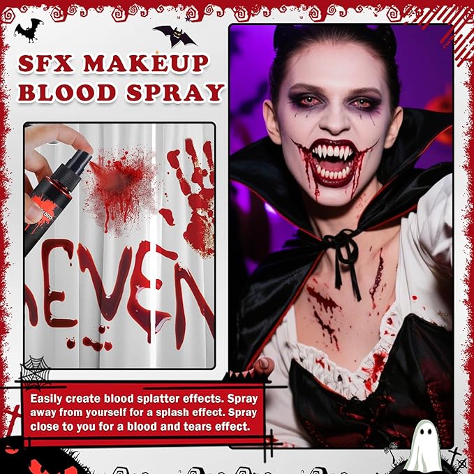 CAHIUYOA 3PCS Halloween Special Effects Makeup Kit - Washable Fake Blood Spray,Fake Blood Cream,Stipple Sponge, Face Body SFX Cosplay Kit for Vampire Zombie Clown Makeup