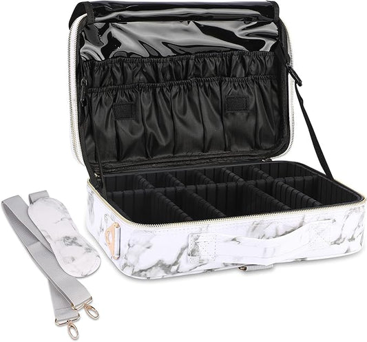 JOURMON Travel Makeup Case 3 Layers Makeup Train Case Marble Makeup Bag Organizer Portable Artist Storage Bag with Adjustable Dividers and Shoulder Strap (Marble white)