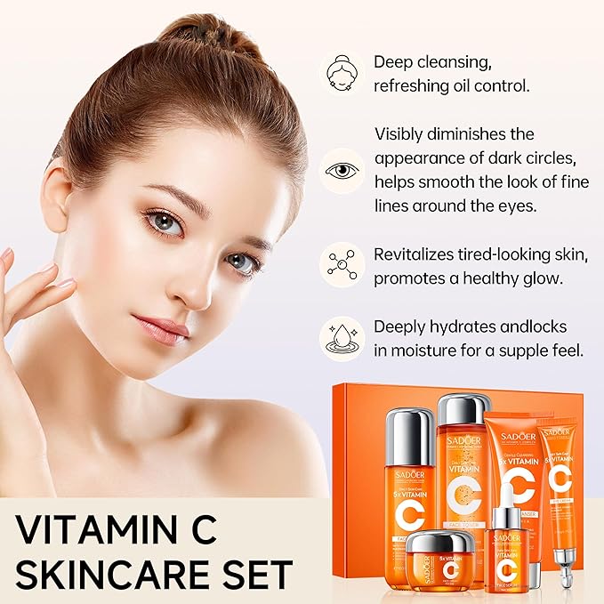 Compatibility Vitamin C Skincare kit SADODER,Skin Hydration | 2x Gift Box ( 6-Piece Face Care Kit ) Includes Toner,Serum, Cleanser,Moisturizer,Eye Cream & Body Lotion,Gift,Women