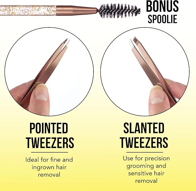 Forever 21 3pc Rose Gold Tweezer Set & Glitter Spoolie - Hair Removal Tweezers,Angled and Pointed Tweezer Set, Precision Tweezers & Eyelash Spoolie Set