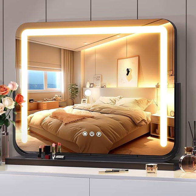 Vanity Mirror with Lights 21"×15.7" LED Makeup Mirror,Dimmable Smart Touch Control Mirror with Lights for Bedroom Tabletop, 360° Rotation,Vanity Mirror Square Black,Ideal Gifts for Her
