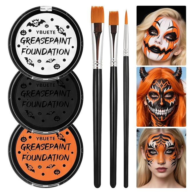 Orange Black White Oil Based Face Paint Kit with Painting Brushes, Professional Full Coverage Greasepaint for Adults Halloween Cosplay SFX Tiger Pumpkin Makeup Carnival Theater Stage