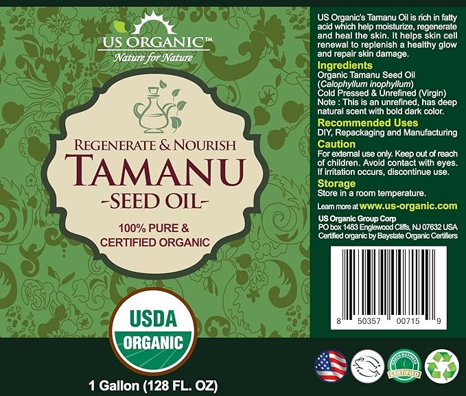 US Organic Tamanu Oil Bulk pack, USDA Organic, 100% Pure Virgin Cold Pressed Unrefined, Dark Green Color_Sourced from Southeast Asia, Size for DIY and small manufacturers (128 oz (1 Gallon))