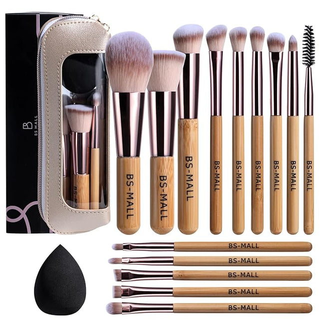 BS-MALL 14 Pcs Makeup Brushes Set with 1 Pcs Makeup Sponge – Essential Foundation Powder Concealers, Eye Shadows, Blush Makeup Brushes with Travel Makeup Case (Bamboo)