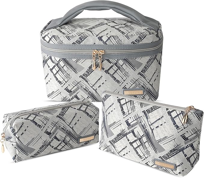 Richeart 3PC Makeup Bag Set, Cationic Jacquard Large Cosmetic Organizer, Back-Coated Solvent-Free Travel Toiletry Bag for Women - Gray