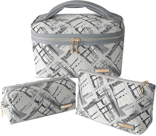 Richeart 3PC Makeup Bag Set, Cationic Jacquard Large Cosmetic Organizer, Back-Coated Solvent-Free Travel Toiletry Bag for Women - Gray