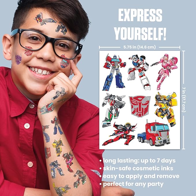 Transformers Temporary Tattoos for Kids - HUGE 200 pack. Made in the USA w Certified Safe Ink.