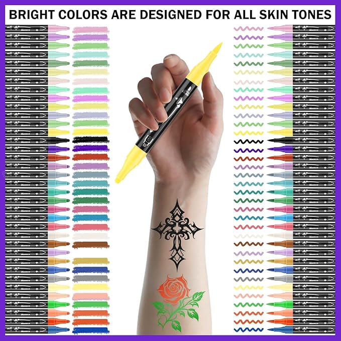 Ponhey Temporary Tattoo Markers for Skin, 36 Body Markers+67 Large Tattoo Stencils,Dual-End Tattoo Pens,Fine Lines with Cosmetic-Grade,Flexible, Skin-Safe Face Paint Kit for Kids Teenage Adults