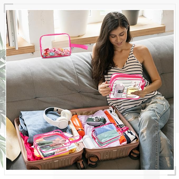 Silkfly Clear Toiletry Bag PVC Travel Cosmetic Bag with Handle Strap Makeup Pouch with Zipper Summer Vacation Salon Graduation Gift End of the Year Gifts(Rose Pink,24 Pack)