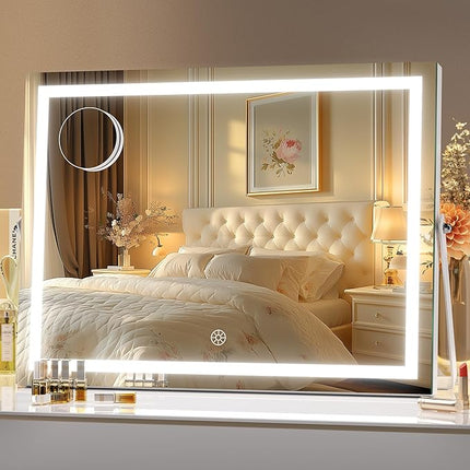 Hasipu Vanity Mirror with Lights, 16" x 12" LED Makeup Mirror with 10X Magnification, Smart Touch 3 Colors Dimmable, Adjustable Brightness, 360° Rotation, White