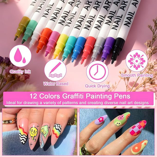 Gorvalin Nail Art Pens for Nail Painting, 12 Colors 0.7mm Nail Art Marker Pens for Valentine' Day Painting Nail Point Graffiti Dotting Liner Pen for Home Salon Quick Dry Manicure