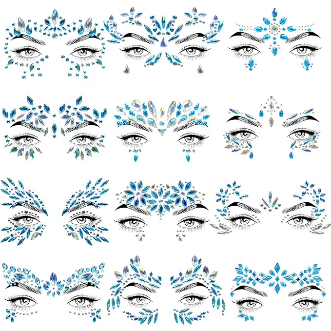 12 Sets Face Jewels Face Gems Mermaid Glitter Rhinestone Crystal Stickers Waterproof Eyes Face Temporary Tattoos for Party,Rave Festival,Carnival,Holiday Costumes,Rave Accessories,Makeup
