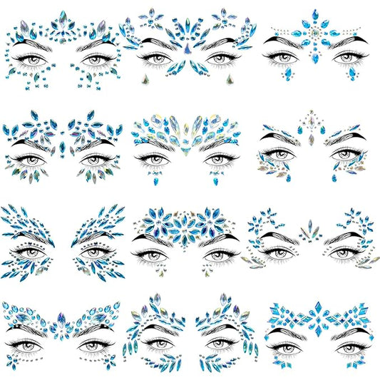 12 Sets Face Jewels Face Gems Mermaid Glitter Rhinestone Crystal Stickers Waterproof Eyes Face Temporary Tattoos for Party,Rave Festival,Carnival,Holiday Costumes,Rave Accessories,Makeup