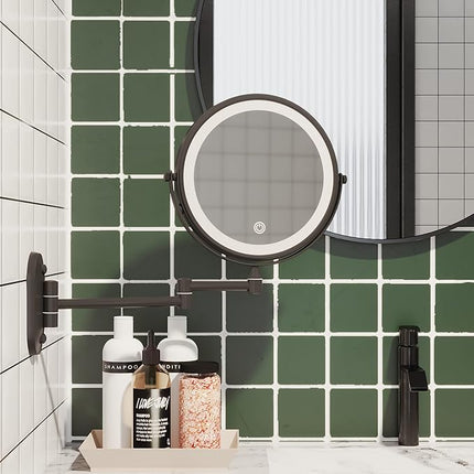 Ruacq Rechargeable Makeup Mirror Matte Black Double Sided Vanity Mirror with Lights Round 1x/10x Magnification 8 Inch Led Magnifying Mirror Stainless Steel and Zinc Alloy Modern Wall Mounted