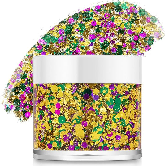 Mardi Gras Accessories Gold Face Glitter,Green Purple Gold Mixed Holographic Body Glitter Glitter,Festival Sequins for Face and Body, New Orleans Decorative Carnival Decorations