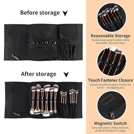 MAANGE Makeup Brush Set with Case Double-ended Makeup Brushes for Foundation Contour Liquid Powder Concealer Eye Shadows Cream Cosmetics Blending Blush Makeup Tools (Coffee Brown, 13 PCS)