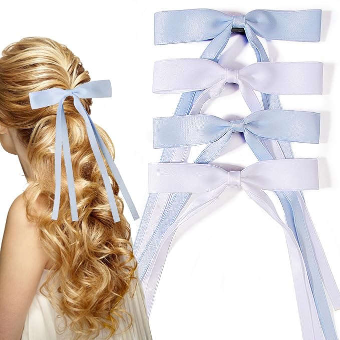 4 PCS Tassel Ribbon Bowknot Hair Clips With Long Tail for Women Girl Teens Kids, Solid Holder Fashion Bow Bowknot Hair Accessories Headwear Barrettes Claw(Blue&White)