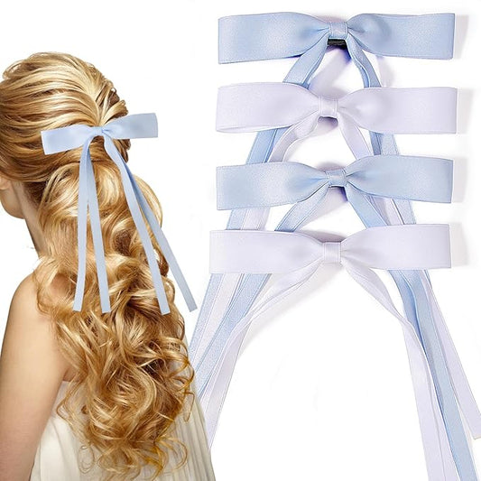 4 PCS Tassel Ribbon Bowknot Hair Clips With Long Tail for Women Girl Teens Kids, Solid Holder Fashion Bow Bowknot Hair Accessories Headwear Barrettes Claw(Blue&White)