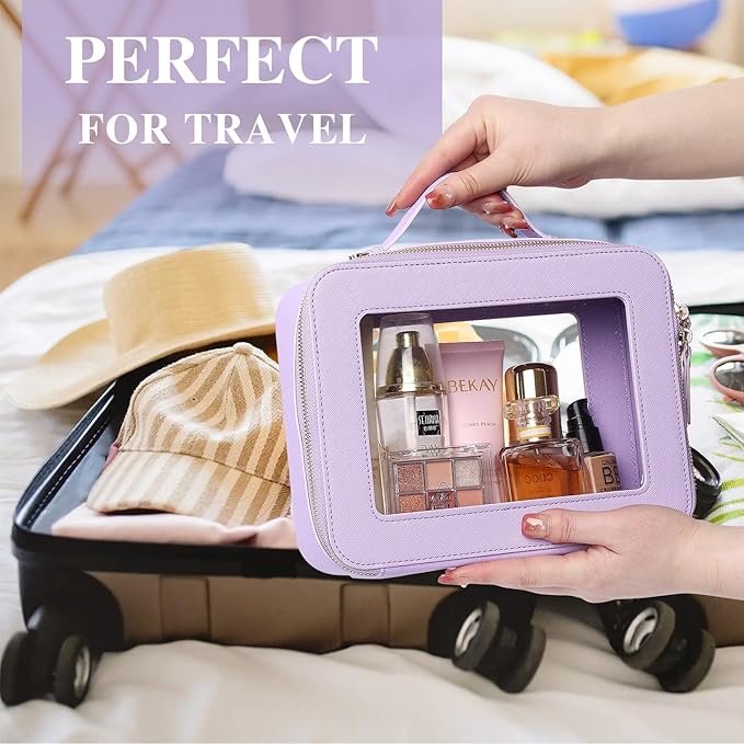 Pinkmik Clear Makeup Bag Waterproof Travel Case for Cosmetics and Toiletries Women's Makeup Organizer and Car Bag with Zipper (X/Purple, L)