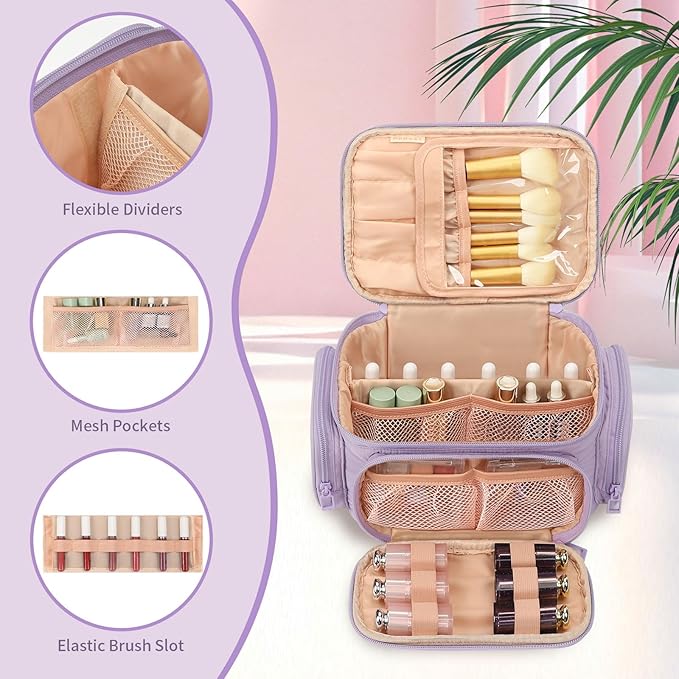 OCHEAL Makeup Bag,Travel Cosmetic Cases Makeup Organizer Bag for Women with Zipper Pouch and Side Pocket, Multifunctional Compartments and Dividers,Make up Toiletries, Brushes & Beauty Tools-Purple