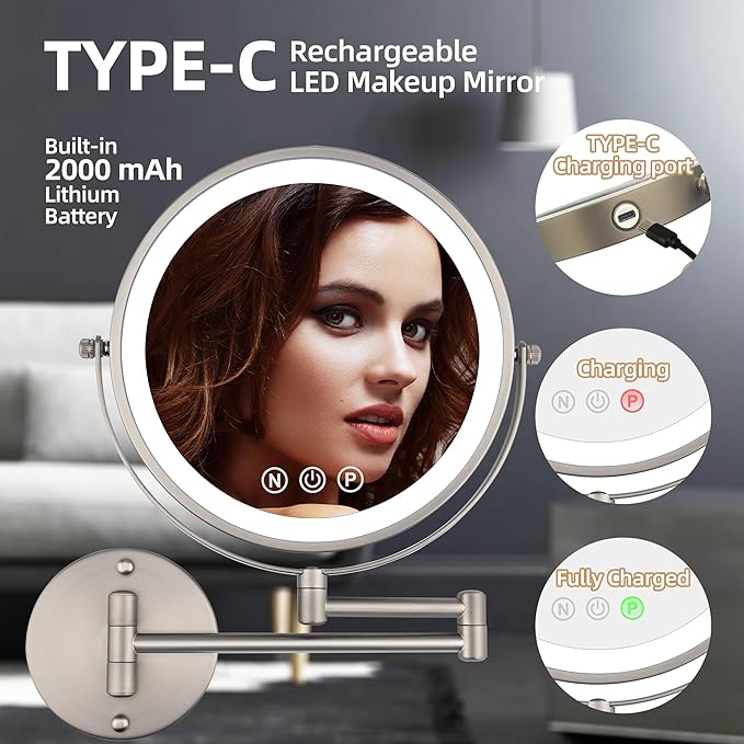 9" Wall Mounted Lighted Makeup Mirror with Magnification, 1X/10X Magnifying Mirror with Light, 3 Color LED Dimmable 2000mAh Rechargeable Light Up Magnifying Mirror Nickel Extendable